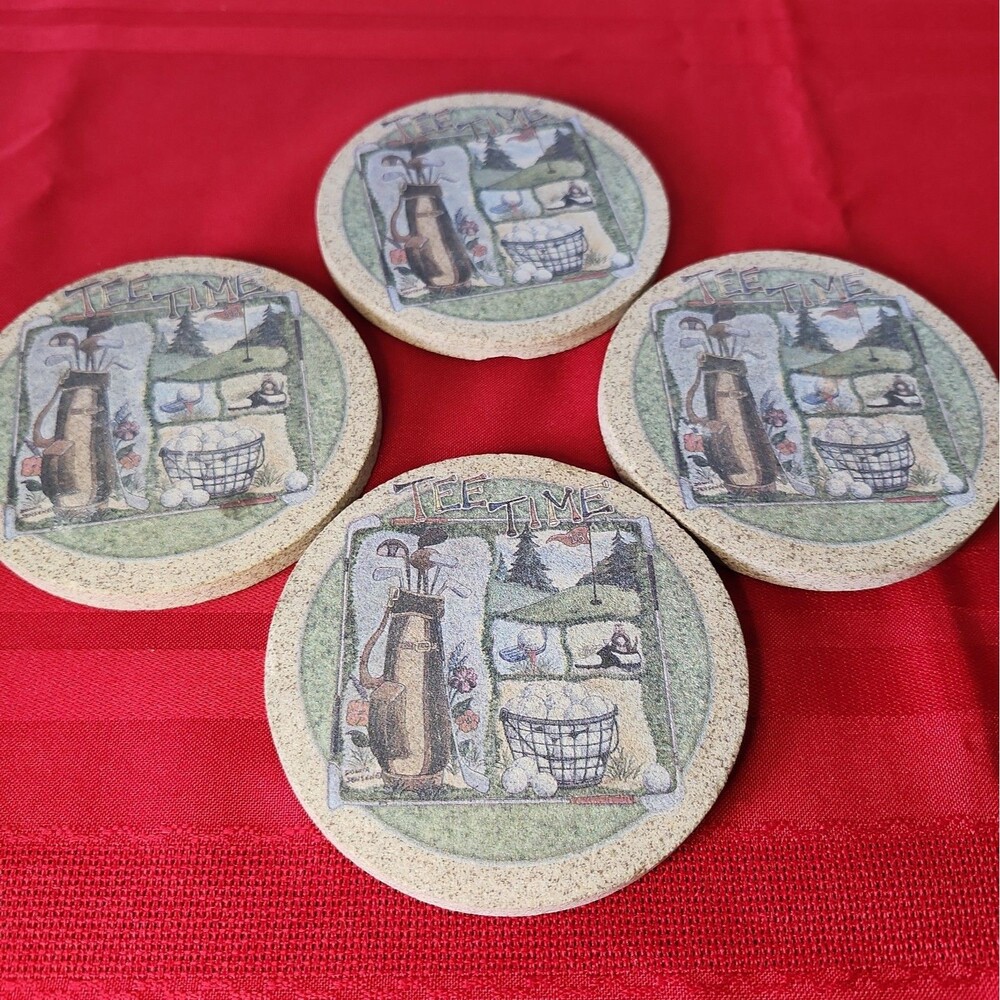 4 Vintage Thirstystone Absorbent Sandstone Coasters Cork Backing Tee Off Golf